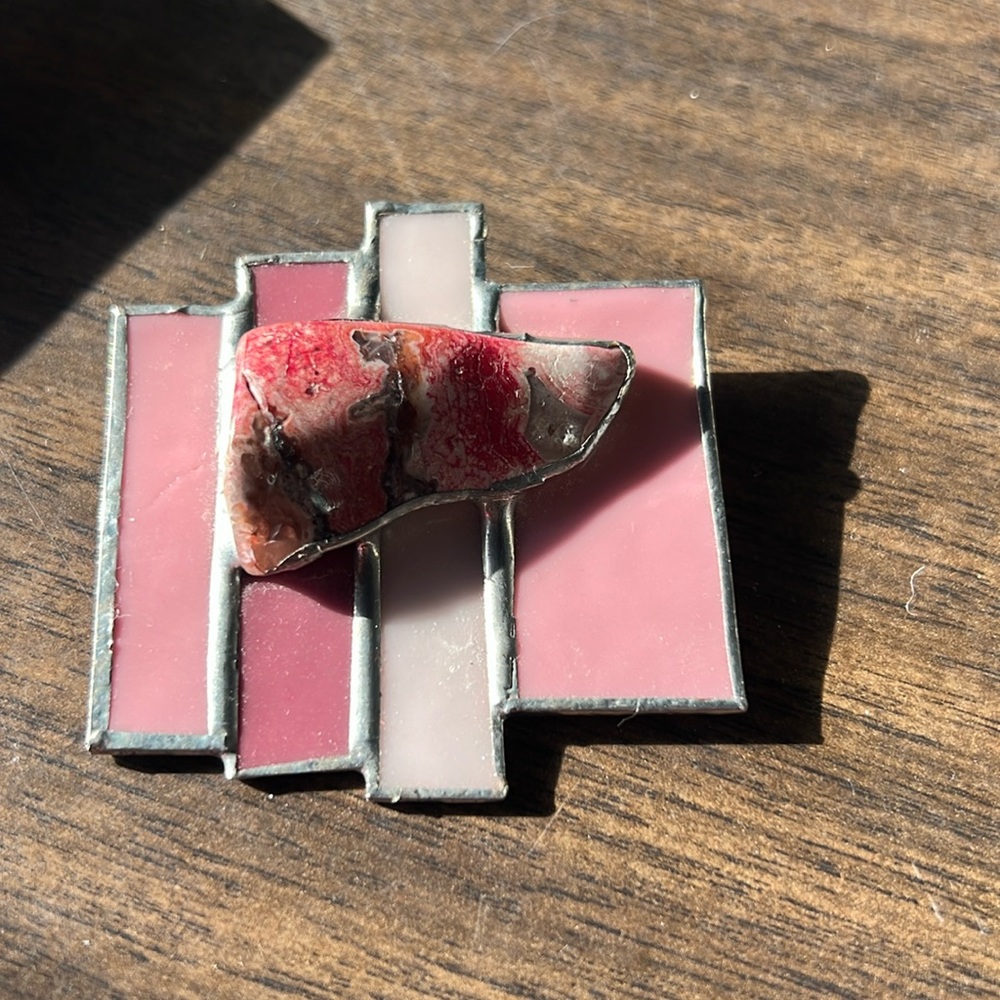 Vintage 1980s handmade stained glass broach and earring set